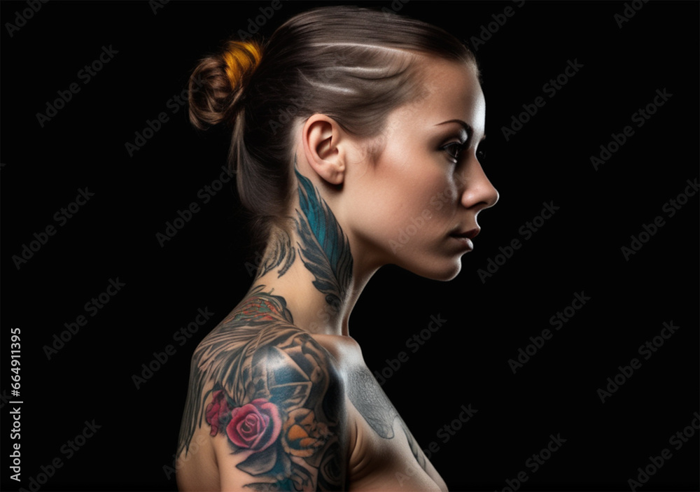 Fototapeta premium beautiful woman with a tattoo isolated in a dark background
