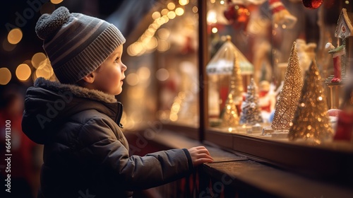 Curious boy in a warm hat captivated by mesmerizing Christmas store displays