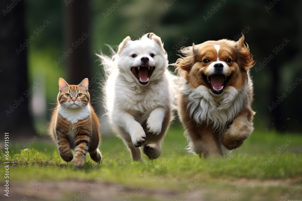 Dogs and Cats playing at a park