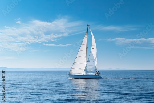 White sailboat in the middle of the sea, blue water