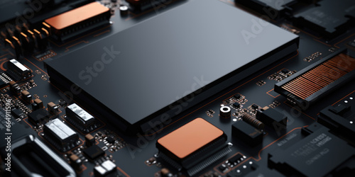 Close up of a solid state drive or ssd on a black motherboard, Detail of hard drive for data storage photo