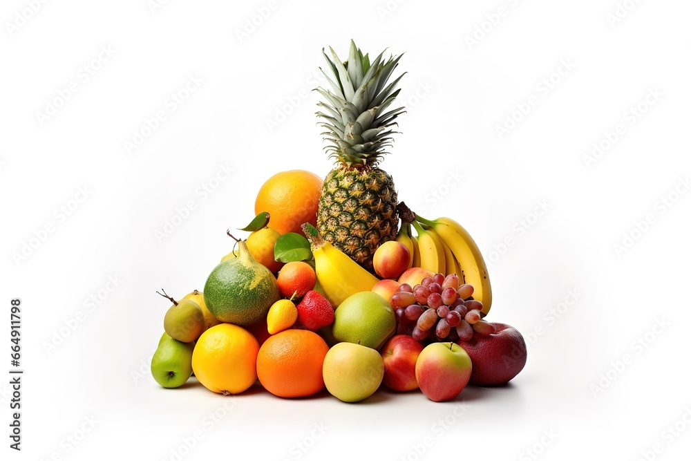 pile of assorted fruits on white background. Generative AI