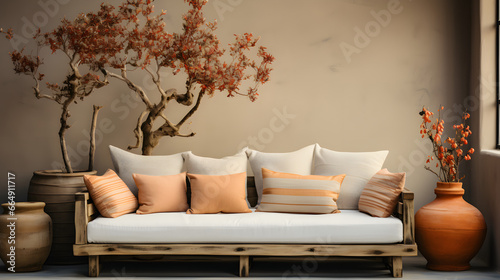 Boho minimalist home interior design of modern living room. Beige sofa with terra cotta cushions against window 