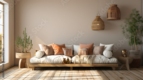 Boho minimalist home interior design of modern living room. Beige sofa with terra cotta cushions against window 