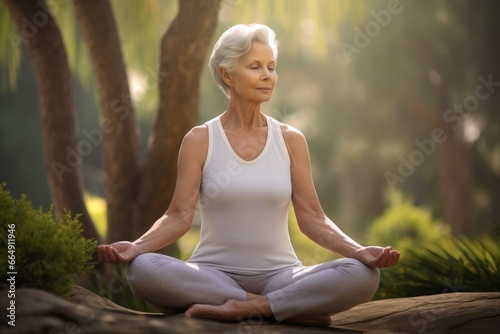 Portrait of a senior woman doing yoga in the park at sunrise