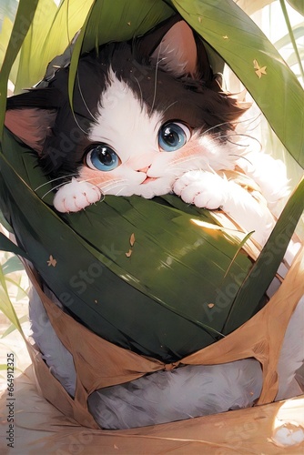 there is a cat that is laying in a basket with a leaf