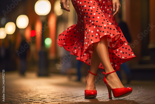 Unrecognizable dancer dressed as flamenco. Passionate popular Spanish dance. Andalusian flamenco dancing legs photo