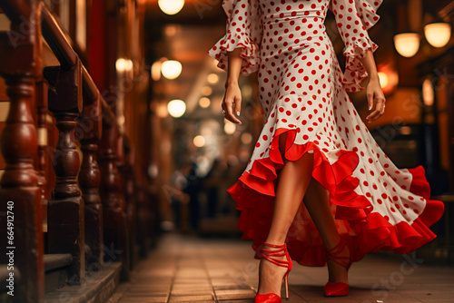 Unrecognizable dancer dressed as flamenco. Popular spanish and andalusian dance. Flamenco dancing legs