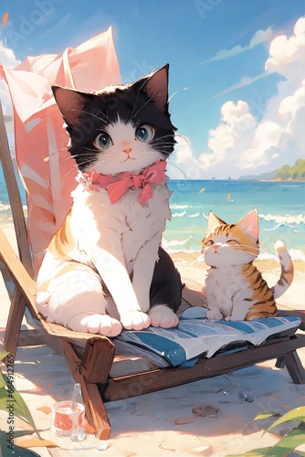 there is a cat sitting on a beach chair with a book