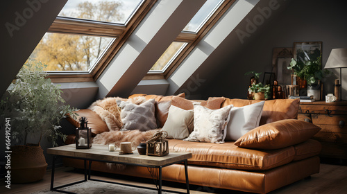 Brown leather sofa with grey pillows and blanket against skylight, scandinavian home interior design of modern living room in attic
