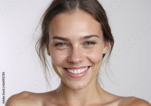 beautiful young woman smiling with a good teeth in a solid white background