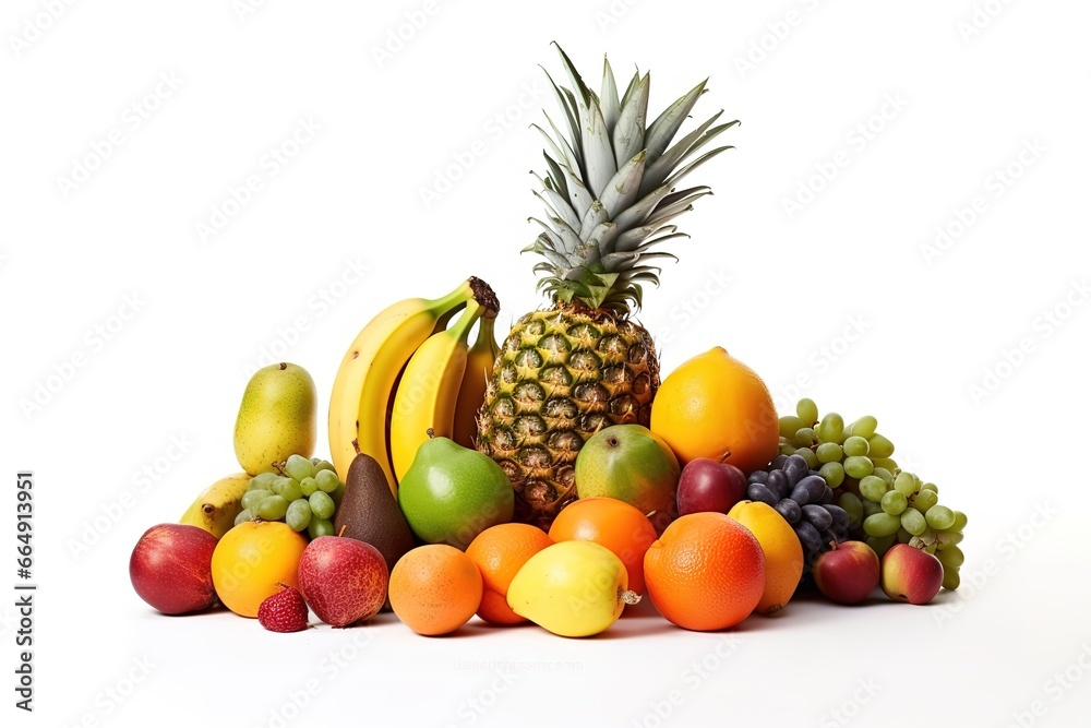 pile of assorted fruits on white background. Generative AI