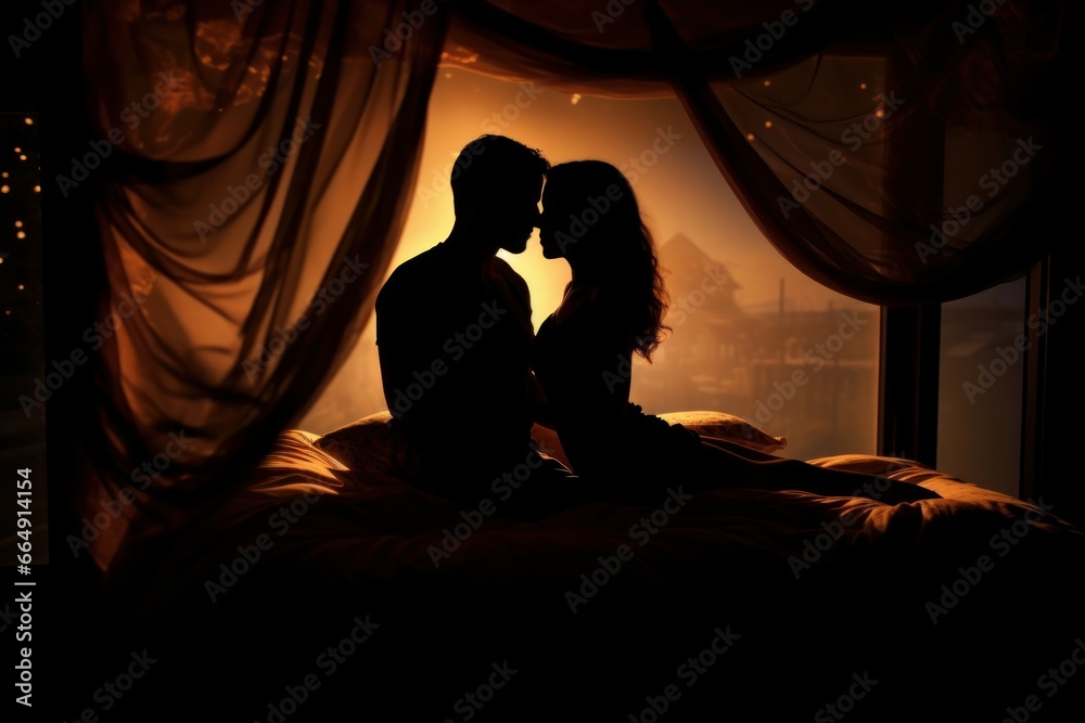 Silhouette of couple kissing intimately in bed under canopy, warm glowing light, romantic stormy night mood