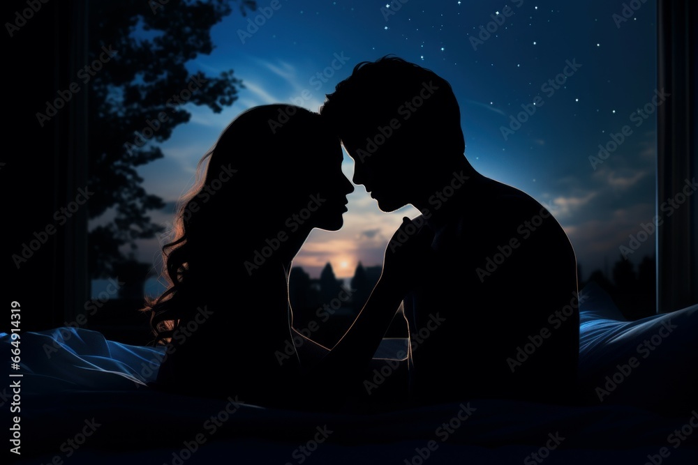 Silhouette of couple in bed at night time closeup. Family pleasure family intimate people. Generate Ai Silhouette of couple in bed at night time closeup. Family pleasure family intimate people. Generate Ai