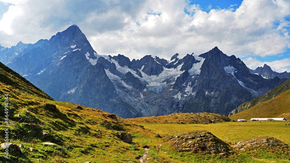 Alpine panorama, Italian Alps,  mountain panorama, Tour du Mont Blanc - obrazy, fototapety, plakaty 