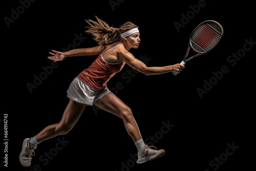 A fictional people. Female tennis player is trying to hit a tennis ball. © Gulsim