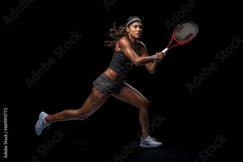 A fictional people. Female tennis player is trying to hit a tennis ball. © Gulsim