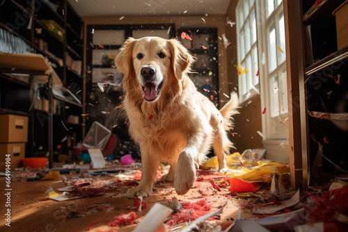 golden retriever dog making a mess