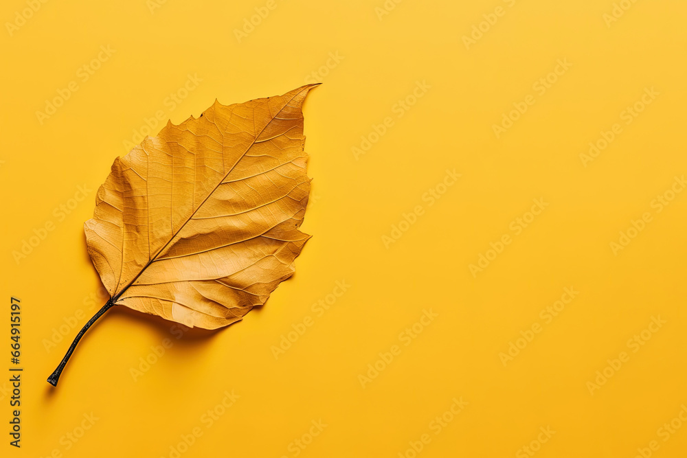 Autumn dried leaf on a yellow background with copy space Autumn dried leaf on a yellow background with copy space