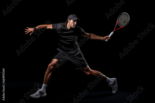 A fictional people. Tennis player is trying to hit a tennis ball. © Gulsim