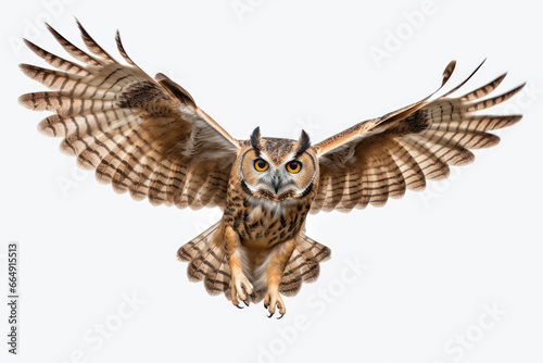 Flying owl on white background