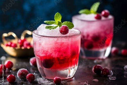 Tangy cocktails featuring cranberry and tequila, adorned with sugar-coated cranberries and mint leaves. Generative AI
