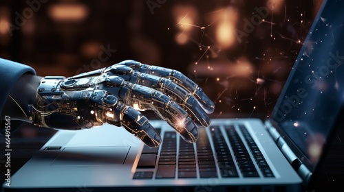 Robot hand typing on a laptop with a finger, artificial intelligence technology in business