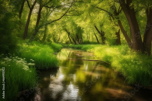 Peaceful stream meandering through beautiful green scenery. Generative AI