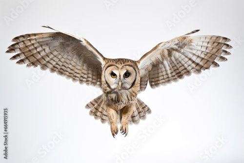 Flying owl on white background