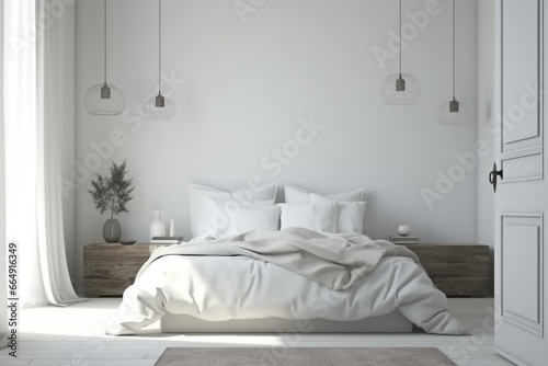 Mock-up home interior with unmade bed  cushions  door  lamp  and alarm clock in a white bedroom. Generative AI