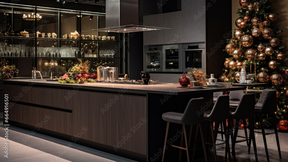Interior of a modern kitchen with christmas tree on the background generativa IA