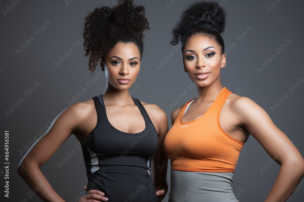Two African Amerikan women, fit sporty girls friends multiethnic models wearing sportswear tops looking at camera on background, portrait.