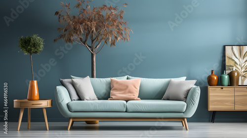 Cozy sofa  side table with potted plant against blue wall with copy space. Scandinavian home interior design of modern living room