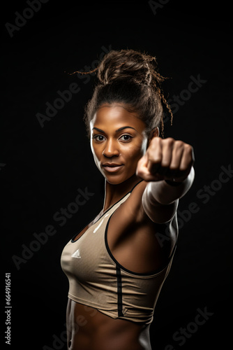 Image focus the fist of the beautiful young African boxers. She is a martial arts athlete, strong face filled with sweat. Woman power with copy space.