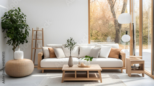 Cubic wooden coffee table between white sofa and armchairs. Scandinavian style home interior design of modern living room