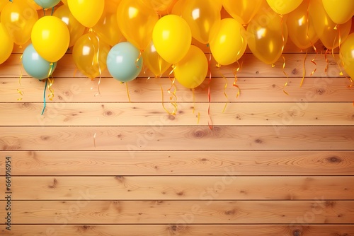 yellow balloons on a wooden wall. Generative AI