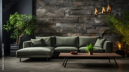 Dark green velvet corner sofa near concrete wall with stone wall decor. Loft style home interior design of modern living room