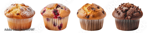 Classic, chocolate and berry muffins isolated on transparent background
