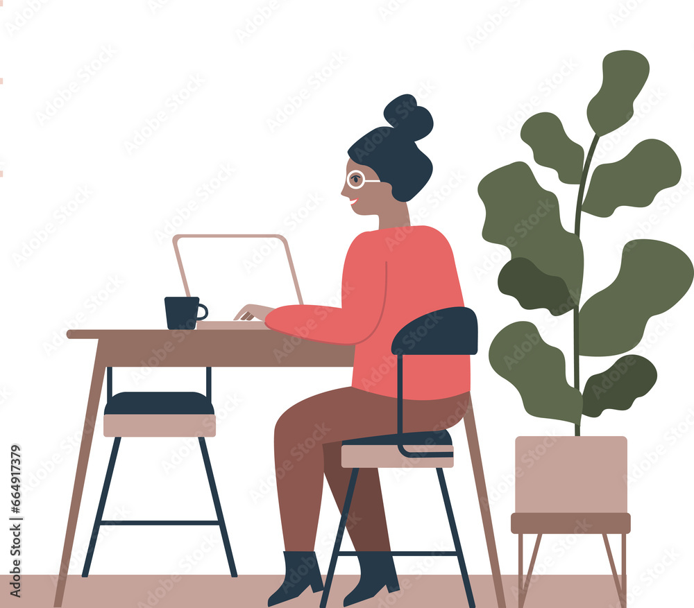 Dark skin woman working with laptop  in the coworking cafe
