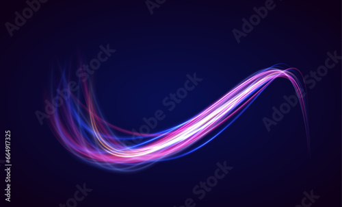 Light trail wave, fire path trace line, car lights, optic fiber and incandescence curve twirl. Vector glitter light fire flare trace. Speed of light in galaxy.	