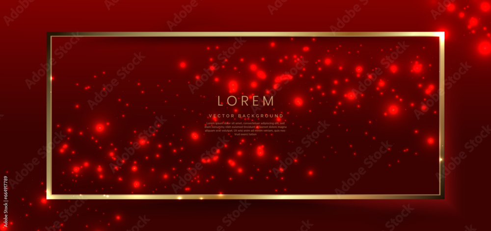 Obraz premium Abstract gold frame with dot lighting effect on red background with copy space for text. Luxury frame design style.
