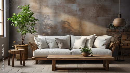 eige loveseat sofa in small room. Interior design of modern rustic living room photo