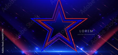 Abstract star glowing blue and red light lines with speed motion blur effect on dark blue background.