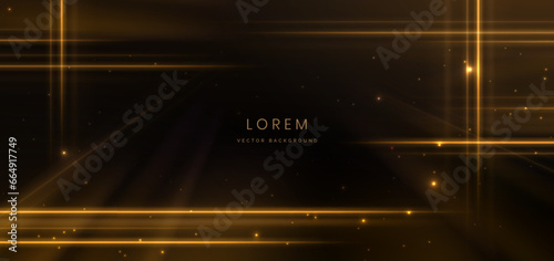 Abstract gold light rays on black background with lighting effect and bokeh.