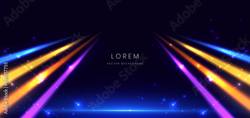 Abstract neon geometric glowing blue, orange, purple and yellow light lines on dark blue background.
