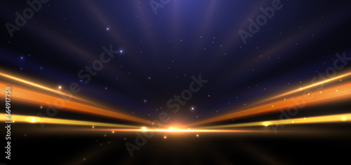Abstract glowing orange and gold diagonal light ray on dark background with lighting effect.