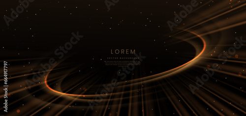 Abstract luxury golden curved lines overlapping on dark brown background with lighting effect and sprkle. Template premium award design.