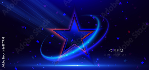 Abstract star glowing blue and red light lines with speed motion blur effect on dark blue background.