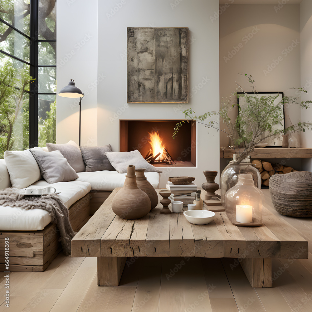 Fototapeta premium Fireplace against white sofa and rustic wooden coffee table. Scandinavian style home interior design of modern living room