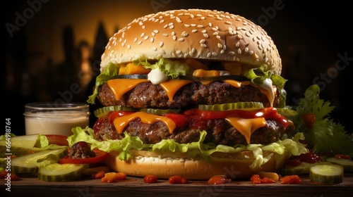 Double beef and bacon burger with cheddar cheese and chips on a wooden board on a table  ready to eat. Size XL.